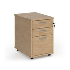 Wooden file cabinet with three drawers on a white background