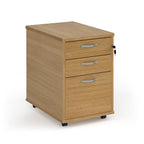 Wooden file cabinet with three drawers on a white background