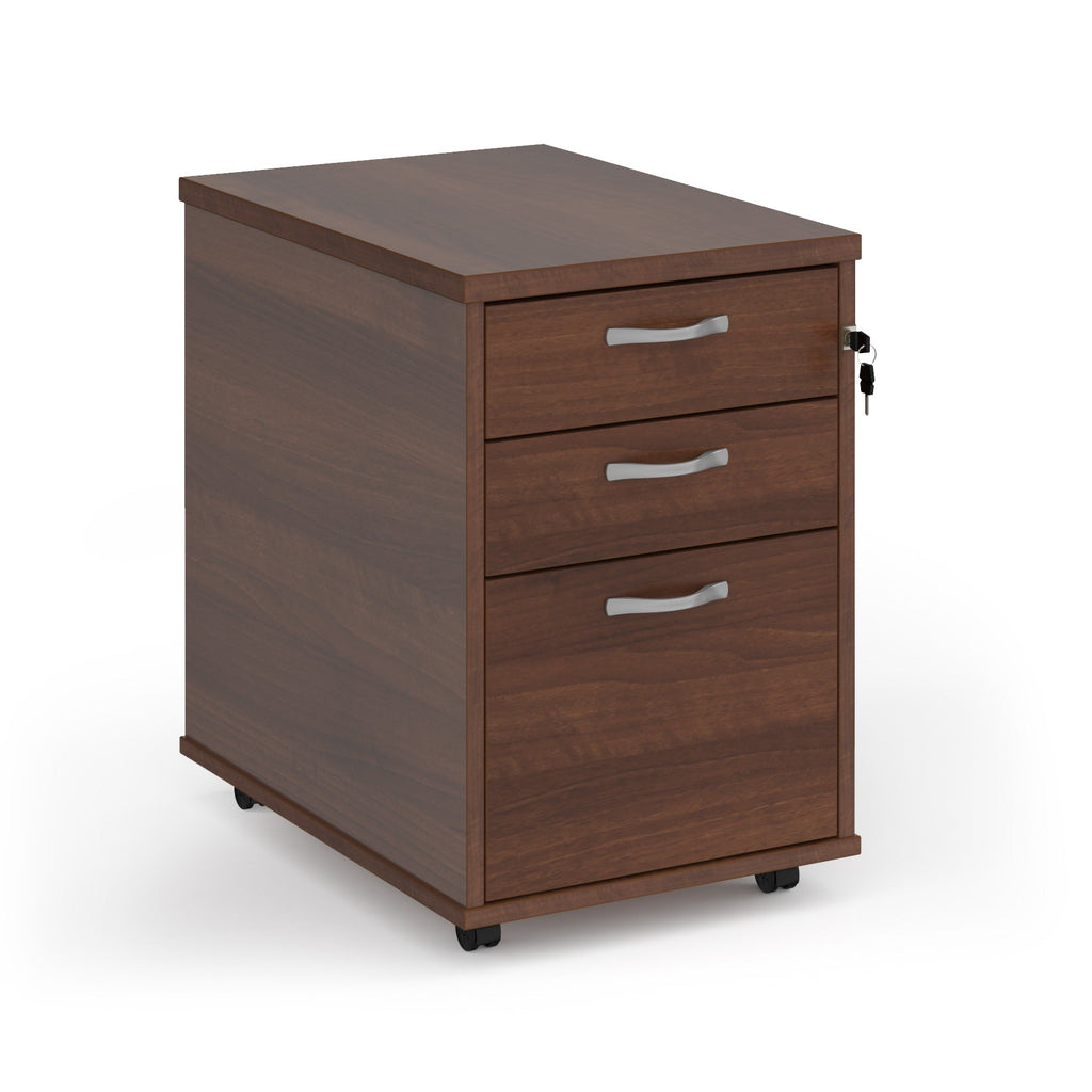 Wooden file cabinet with two drawers on a white background