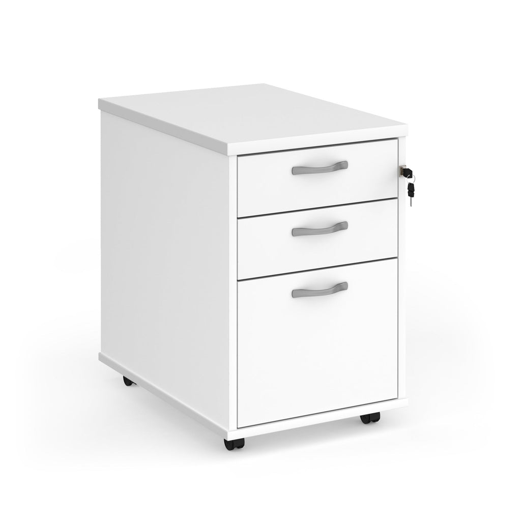 White three-drawer filing cabinet on a white background