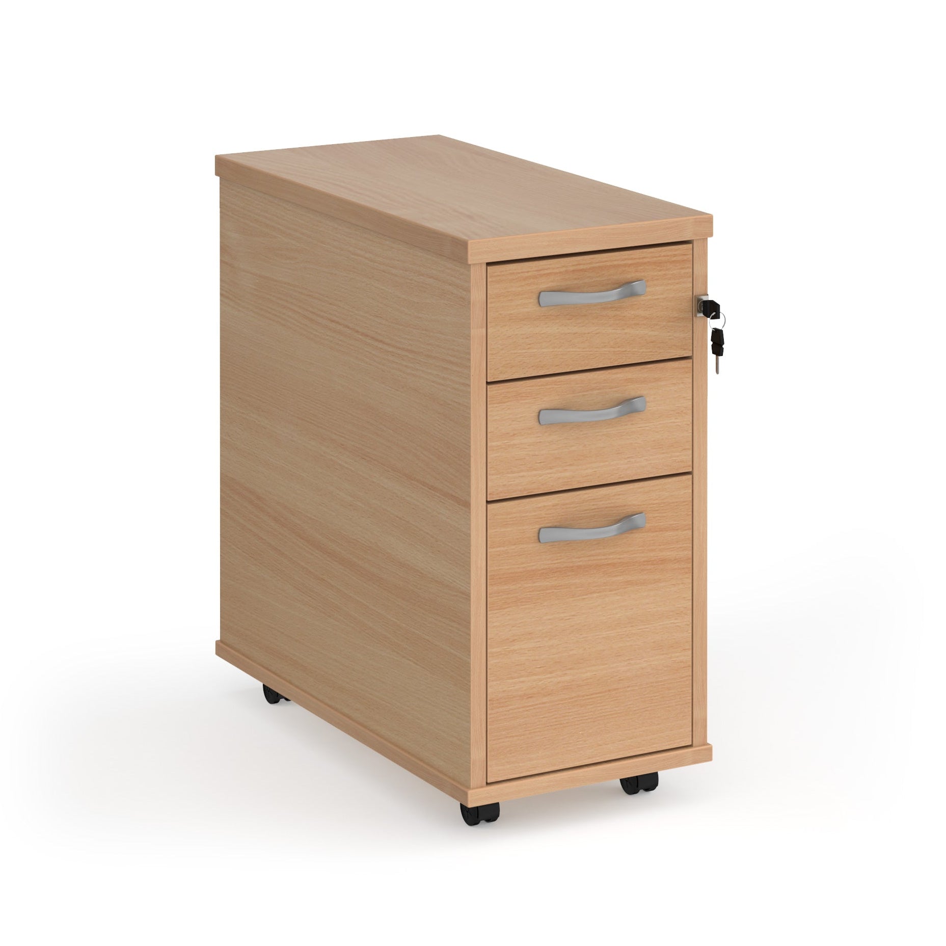 Wooden file cabinet with three drawers on a white background