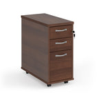 Wooden file cabinet with three drawers on a white background