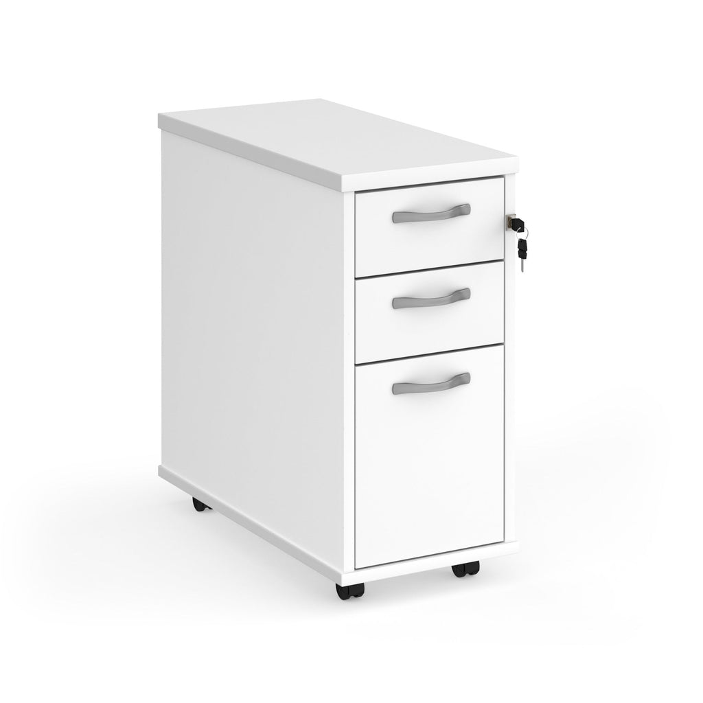 White three-drawer filing cabinet on a white background