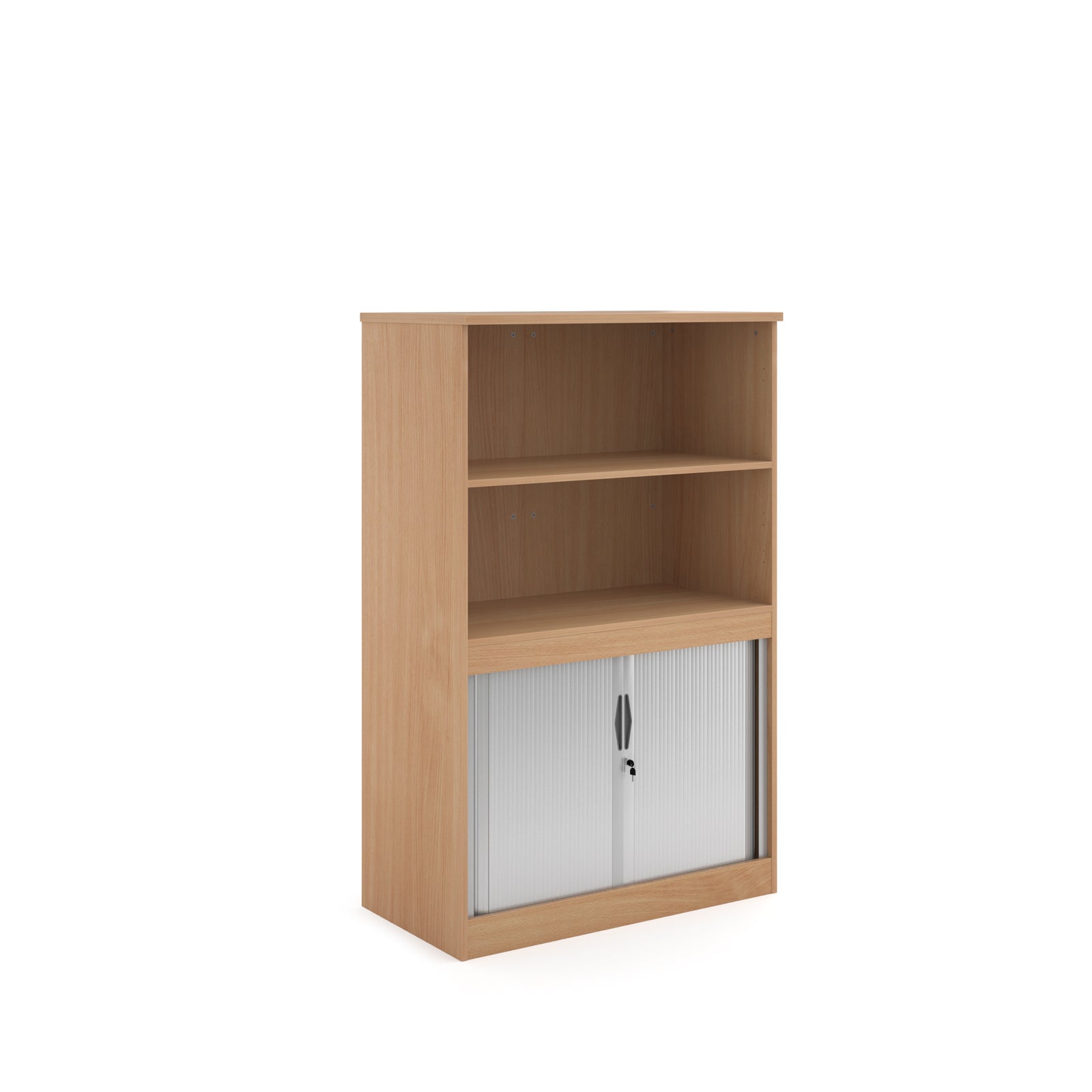 Wood-effect office storage cupboard with open shelving above and lockable tambour doors below, shown on a white background.