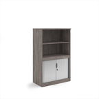Wood-effect office storage cupboard with open shelving above and lockable tambour doors below, shown on a white background.