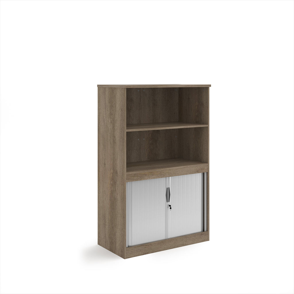Wood-effect office storage cupboard with open shelving above and lockable tambour doors below, shown on a white background.