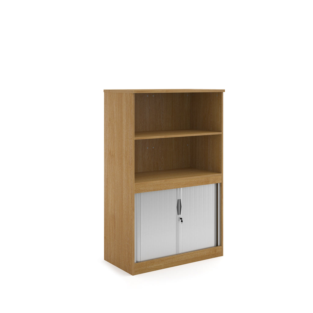 Wood-effect office storage cupboard with open shelving above and lockable tambour doors below, shown on a white background.