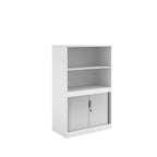 Wood-effect office storage cupboard with open shelving above and lockable tambour doors below, shown on a white background.