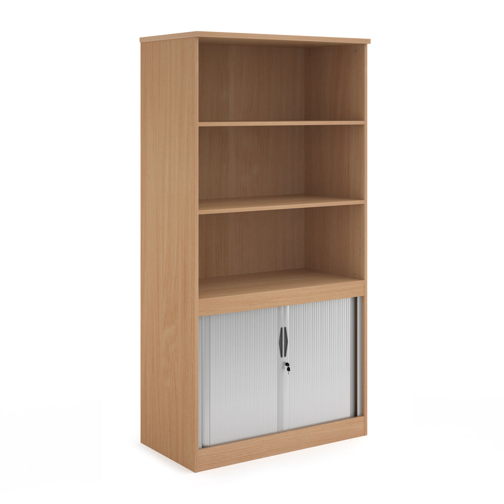 Wood-effect office storage cupboard with open shelving above and lockable tambour doors below, shown on a white background.