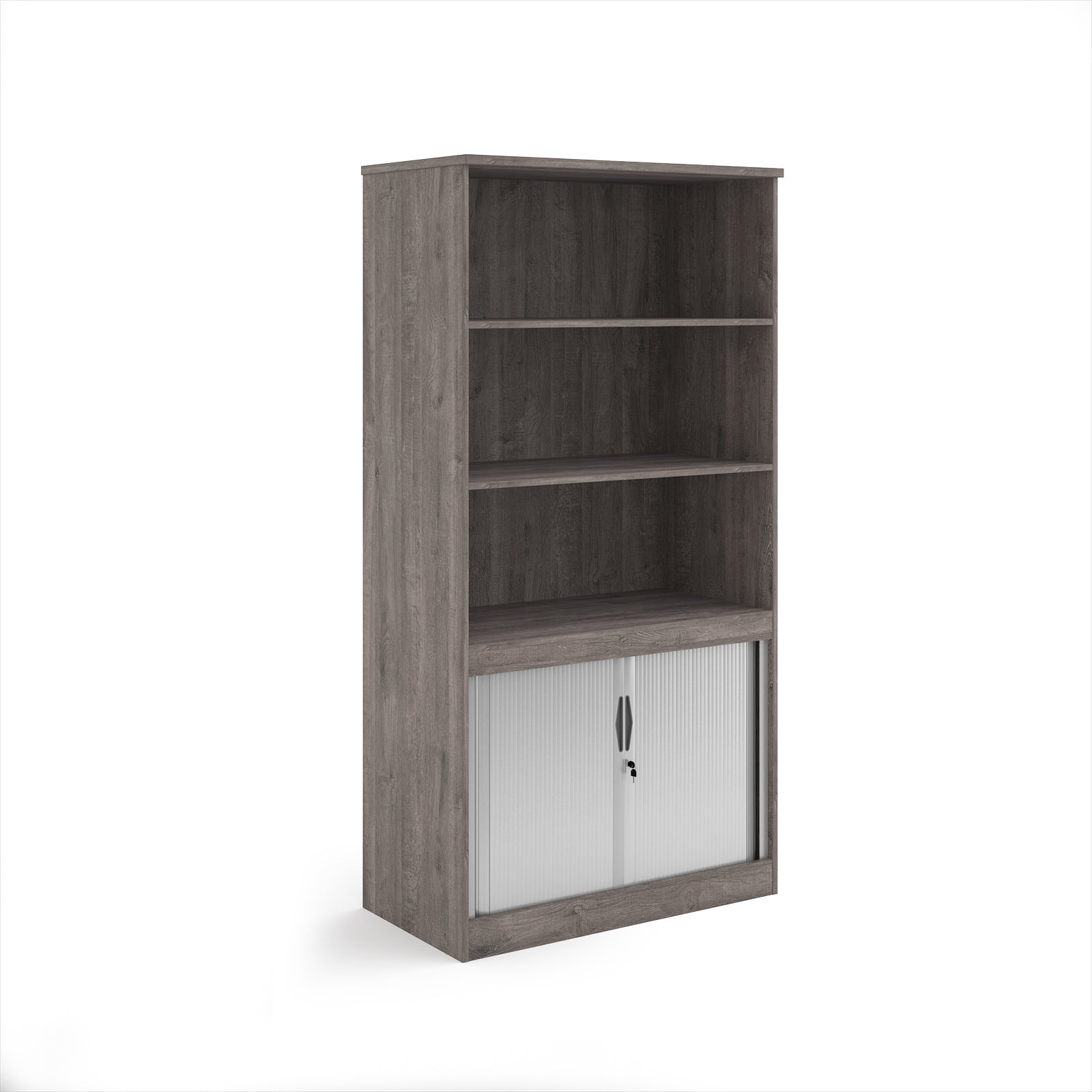 Wood-effect office storage cupboard with open shelving above and lockable tambour doors below, shown on a white background.