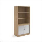 Wood-effect office storage cupboard with open shelving above and lockable tambour doors below, shown on a white background.