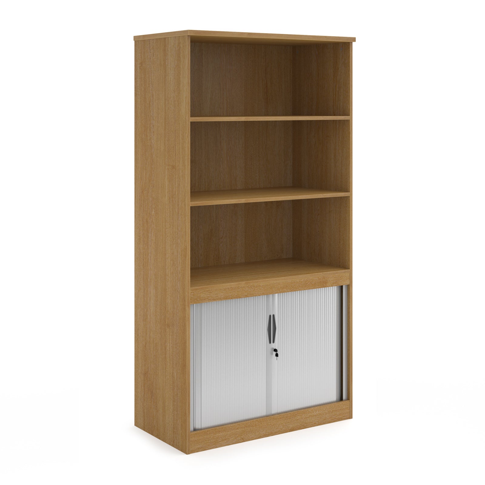 Wood-effect office storage cupboard with open shelving above and lockable tambour doors below, shown on a white background.
