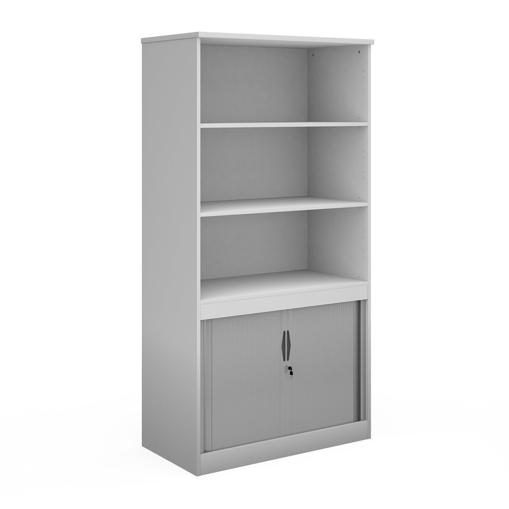White office storage cupboard with open shelving above and lockable tambour doors below, shown on a white background.