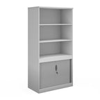 White office storage cupboard with open shelving above and lockable tambour doors below, shown on a white background.
