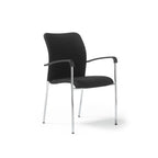 A modern black upholstered chair with slim chrome legs and curved armrests, shown from a three-quarter angle on a white background.