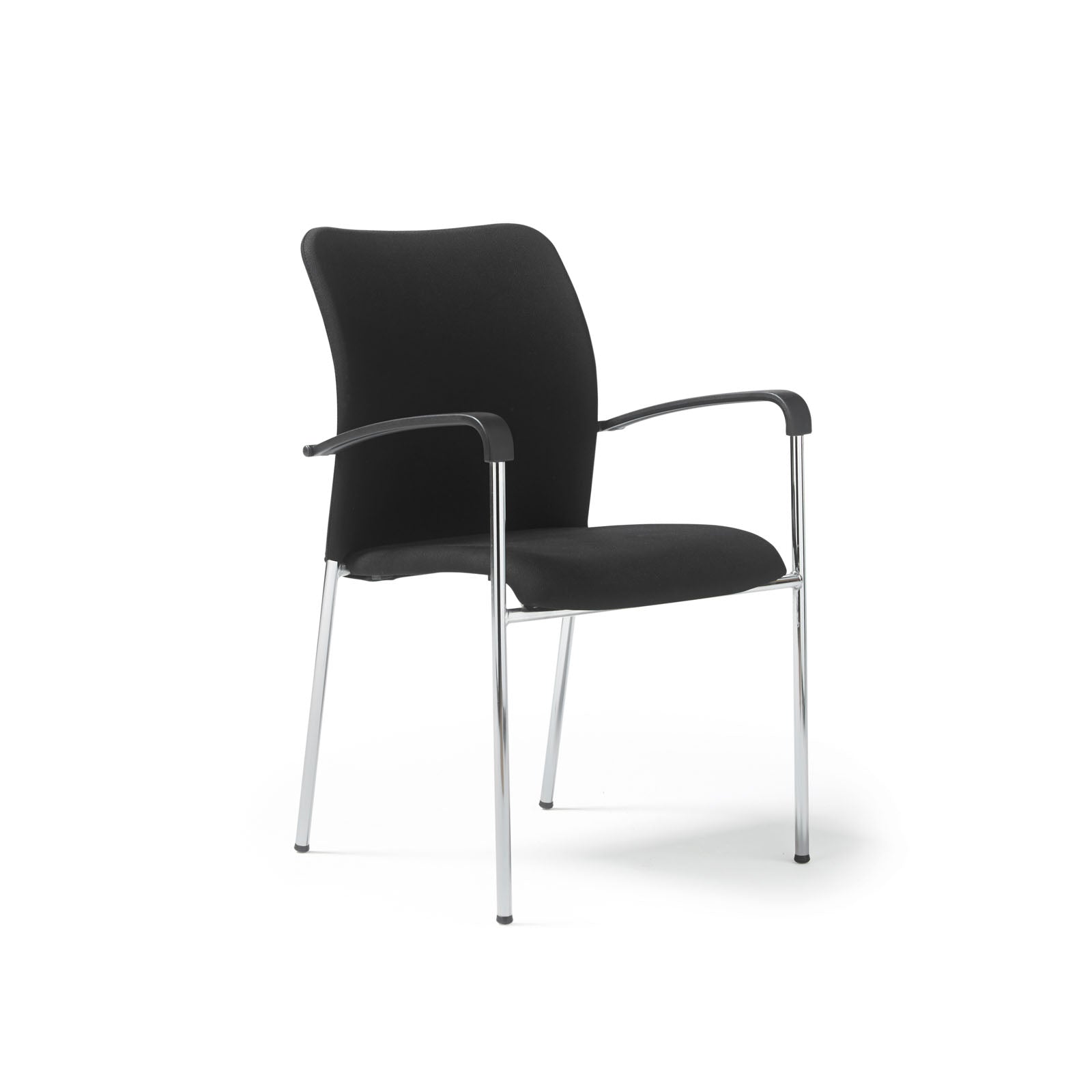 A modern black upholstered chair with slim chrome legs and curved armrests, shown from a three-quarter angle on a white background.