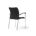 A modern black upholstered chair with slim chrome legs and curved armrests, shown on a white background.