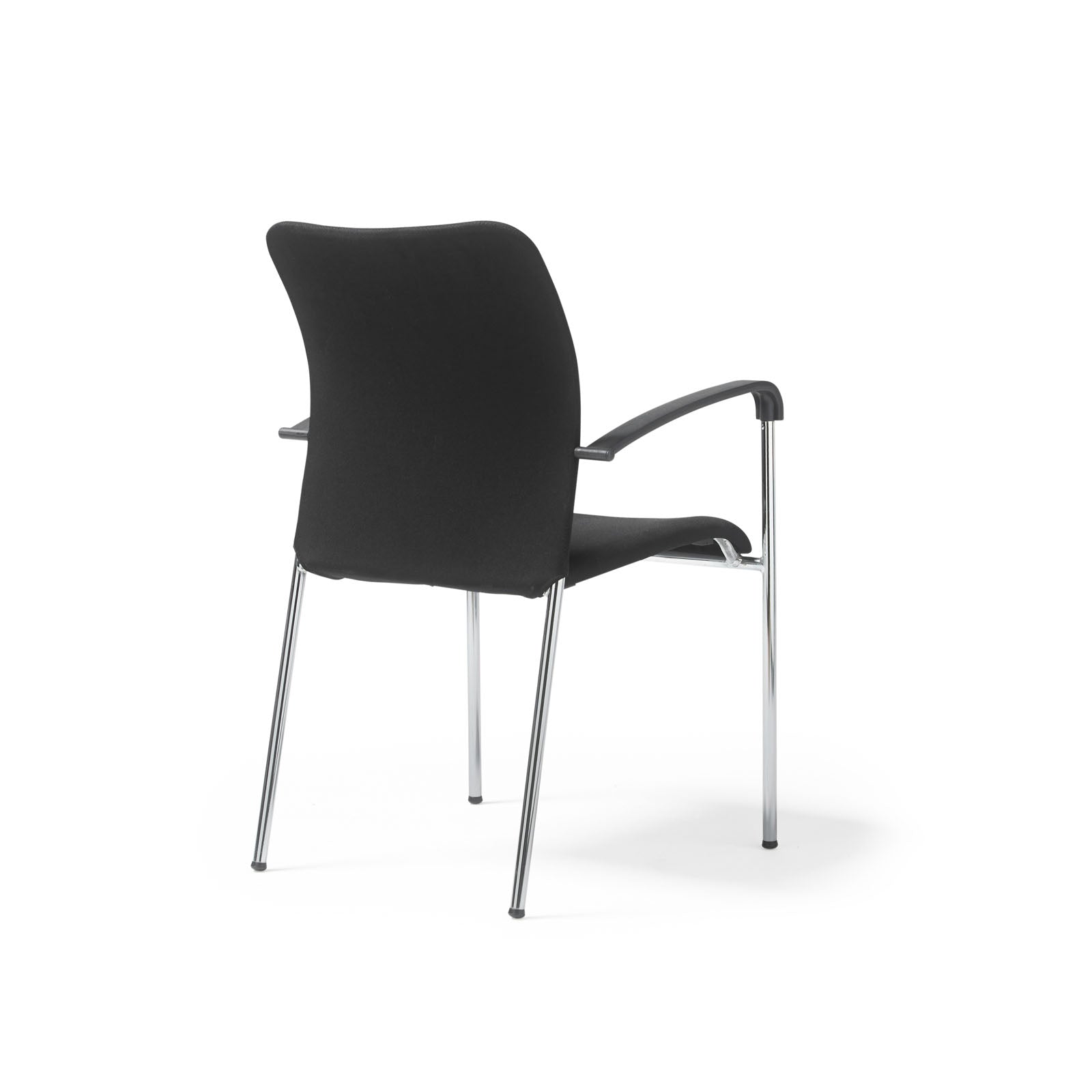 A modern black upholstered chair with slim chrome legs and curved armrests, shown on a white background.