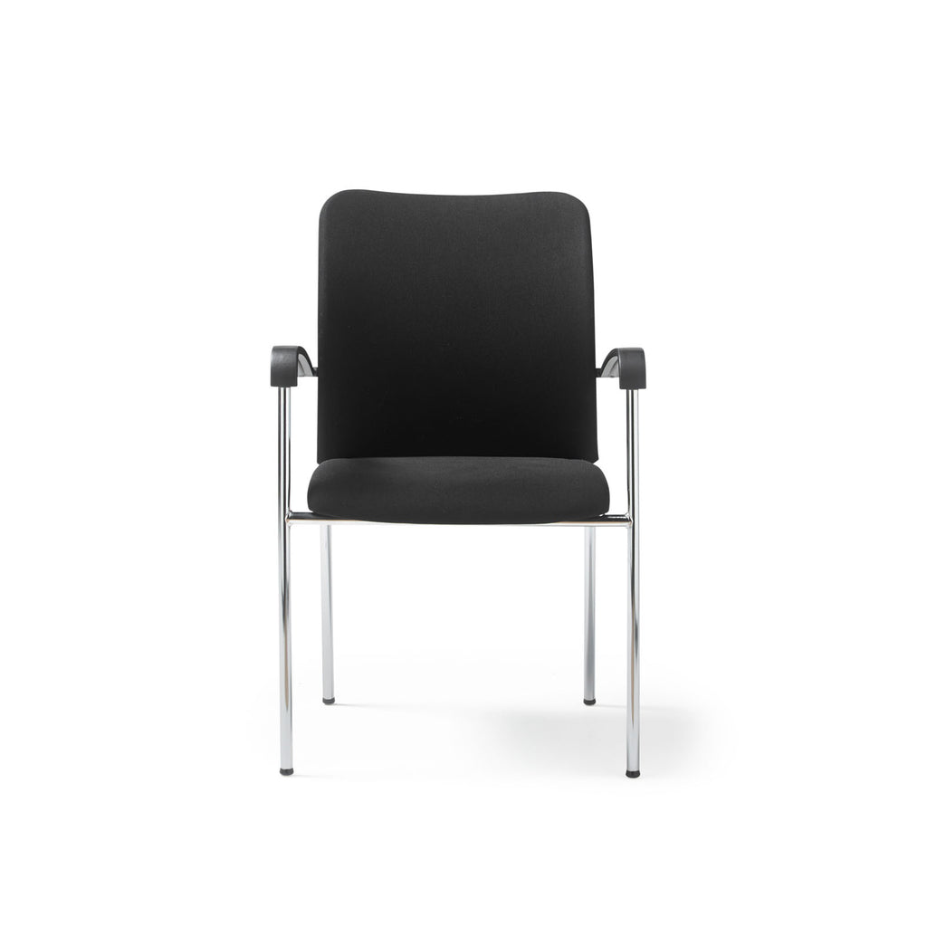 A modern black upholstered chair with slim chrome legs and curved armrests, shown on a white background.