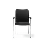 A modern black upholstered chair with slim chrome legs and curved armrests, shown on a white background.