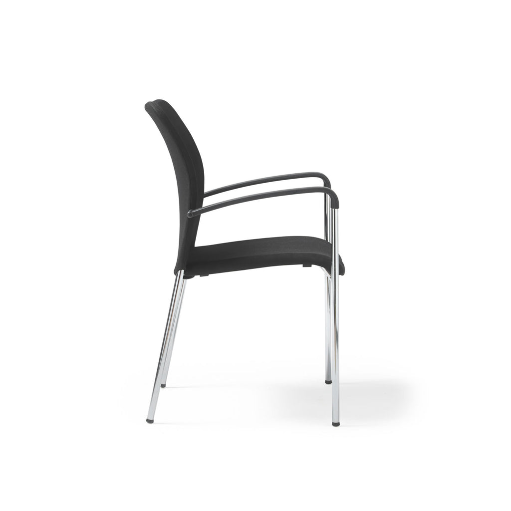 A modern black upholstered chair with slim chrome legs and curved armrests, shown on a white background.