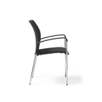 A modern black upholstered chair with slim chrome legs and curved armrests, shown on a white background.