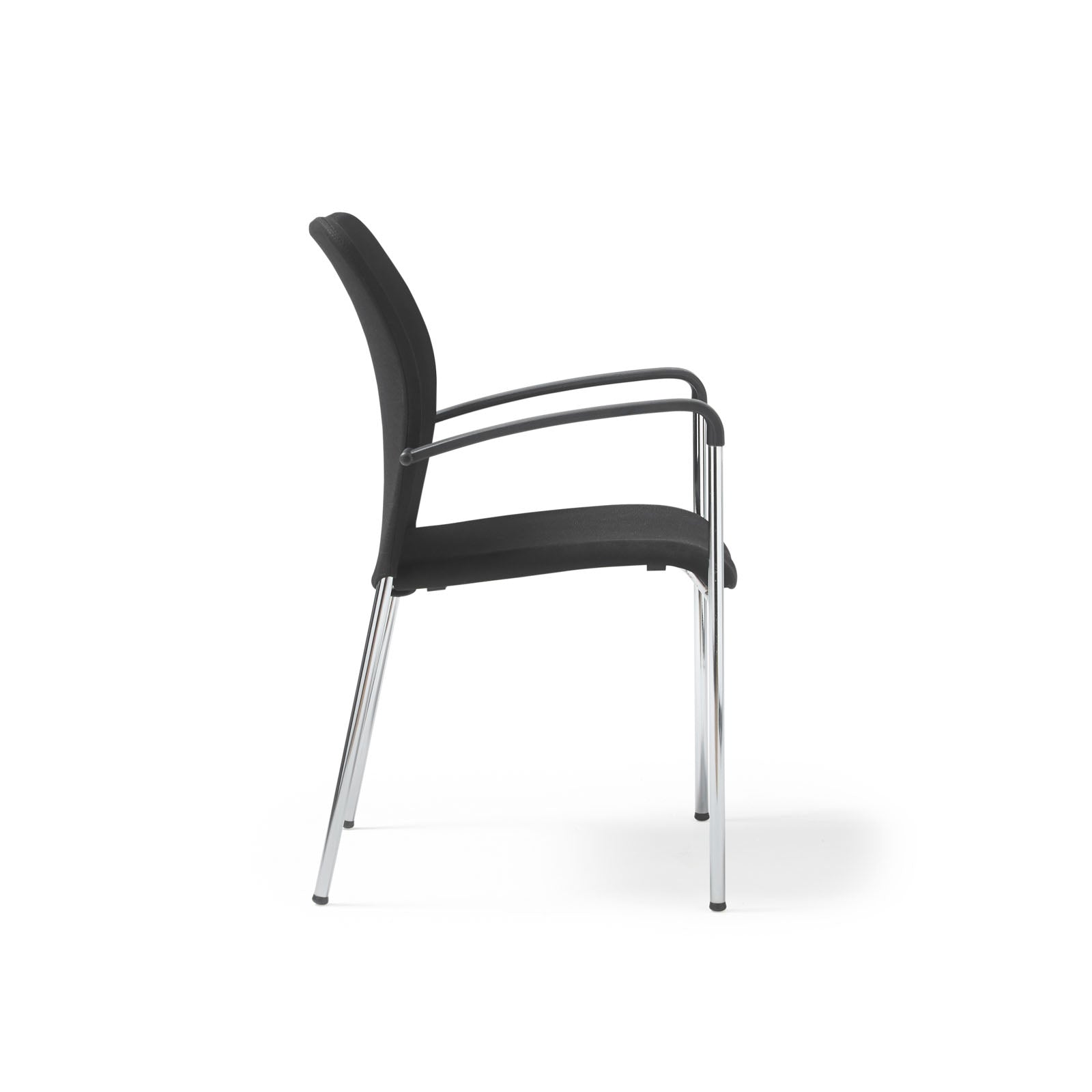 A modern black upholstered chair with slim chrome legs and curved armrests, shown on a white background.