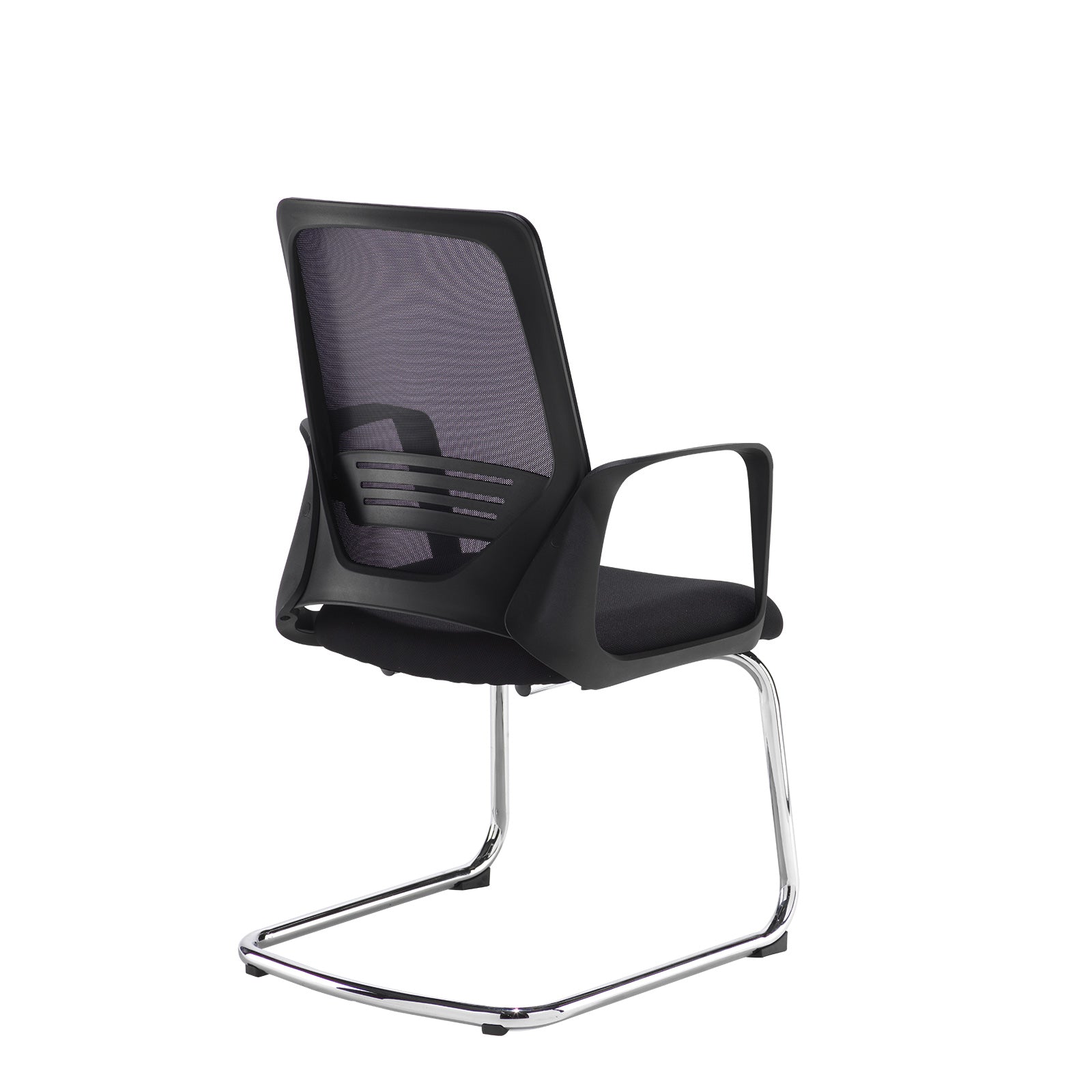 Black mesh visitor chair with a padded fabric seat, integrated armrests, and a chrome cantilever base, shown on a white background.