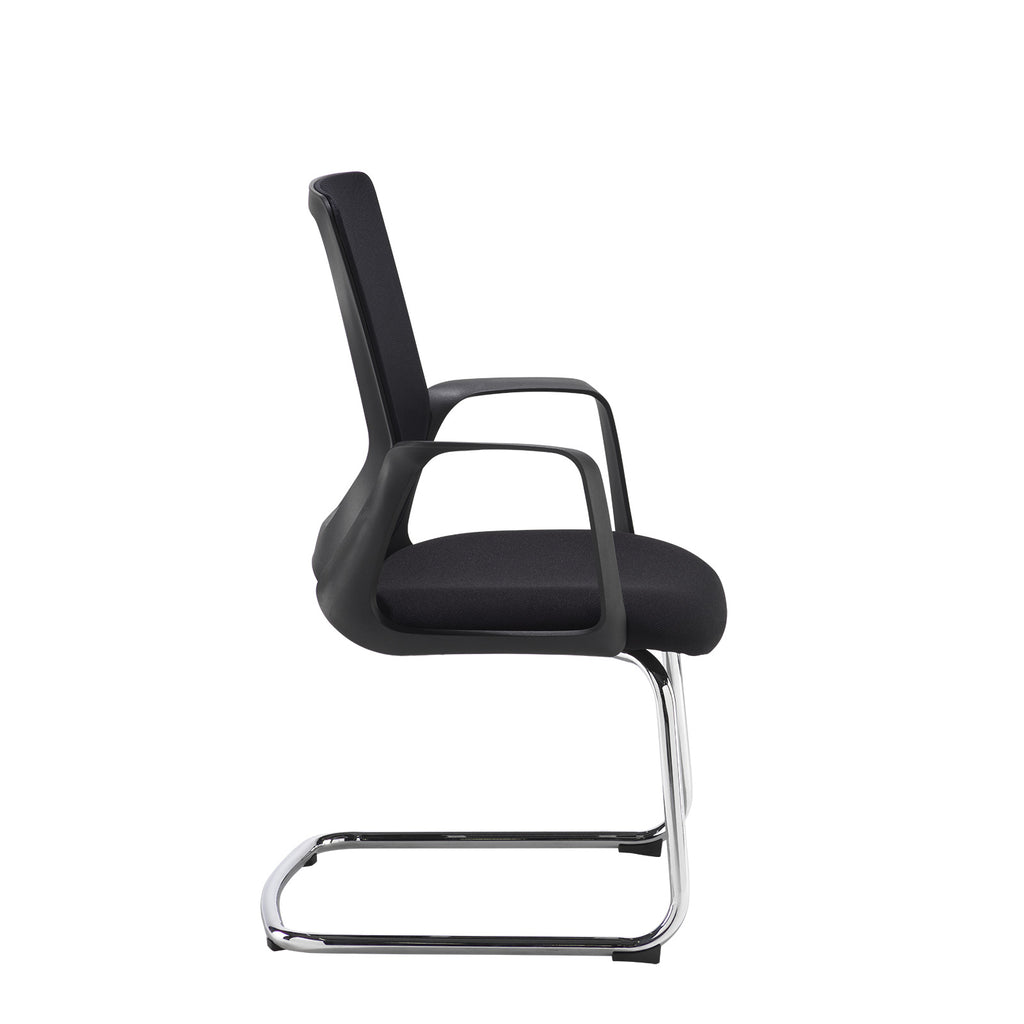 Black mesh visitor chair with a padded fabric seat, integrated armrests, and a chrome cantilever base, shown on a white background.