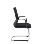 Black mesh visitor chair with a padded fabric seat, integrated armrests, and a chrome cantilever base, shown on a white background.