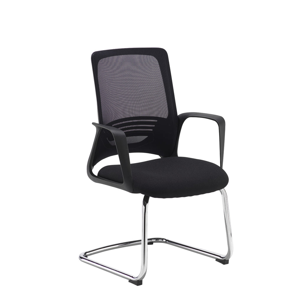Black mesh visitor chair with a padded fabric seat, integrated armrests, and a chrome cantilever base, shown on a white background.