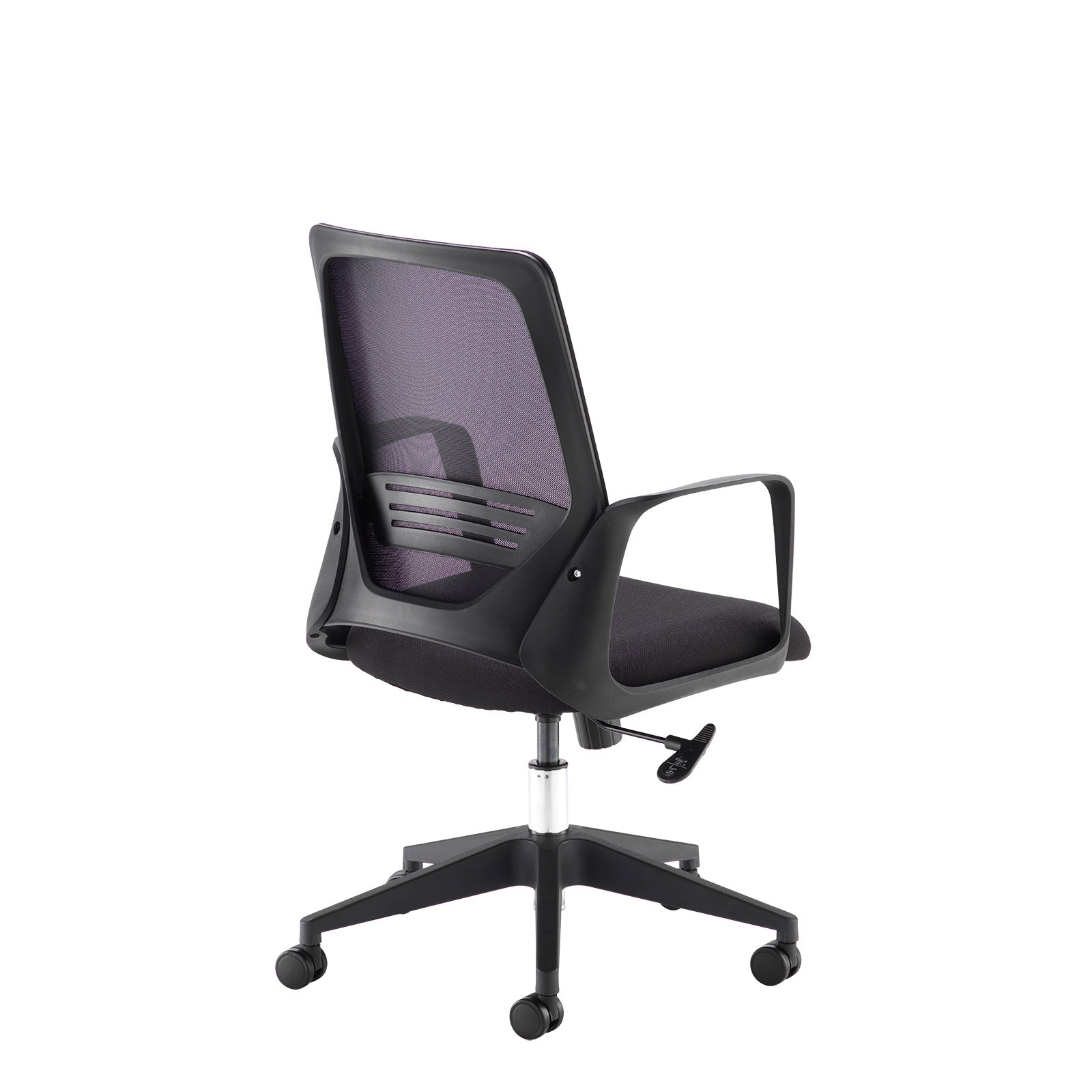 Black mesh office chair with a padded fabric seat, integrated armrests, gas lift height adjustment, and a five-star wheeled base, shown on a white background.