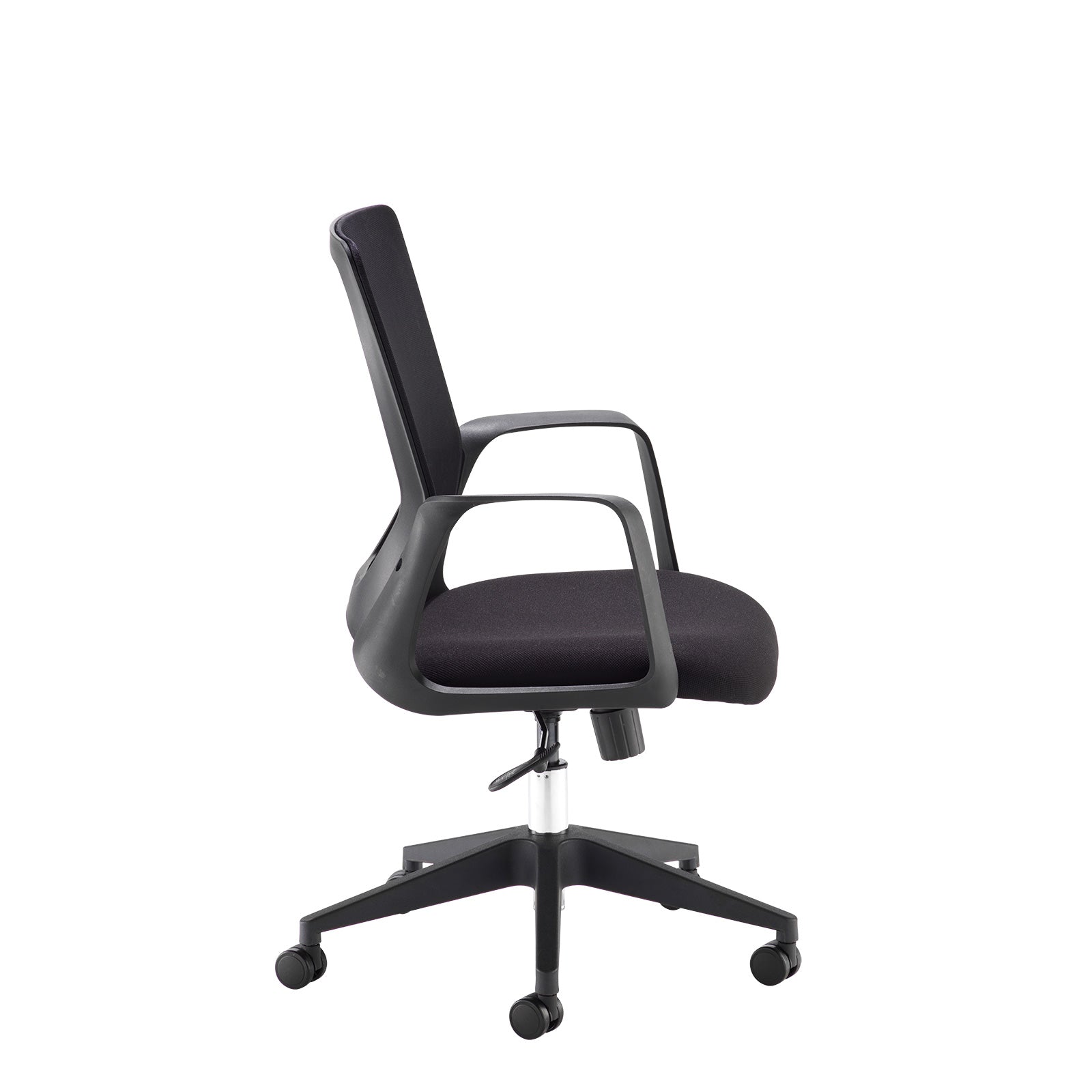 Black mesh office chair with a padded fabric seat, integrated armrests, gas lift height adjustment, and a five-star wheeled base, shown on a white background.