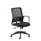 Black mesh office chair with a padded fabric seat, integrated armrests, gas lift height adjustment, and a five-star wheeled base, shown on a white background.