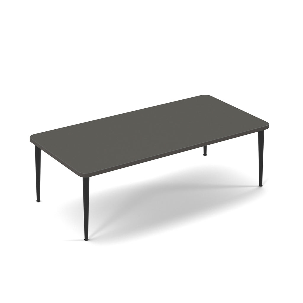 Rectangular grey table with slim black tapered legs, suitable for office, meeting, or breakout spaces, shown on a white background.