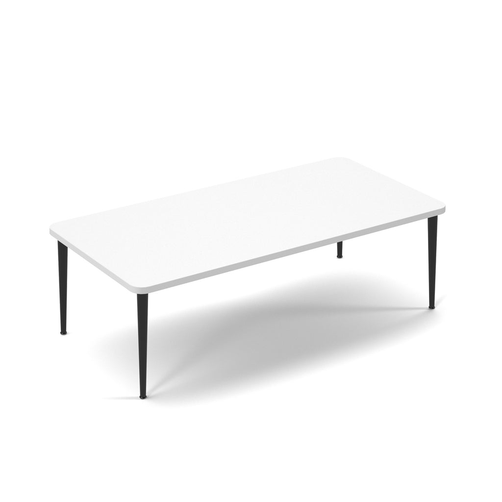 Rectangular white table with slim black tapered legs, suitable for office, meeting, or breakout spaces, shown on a white background.