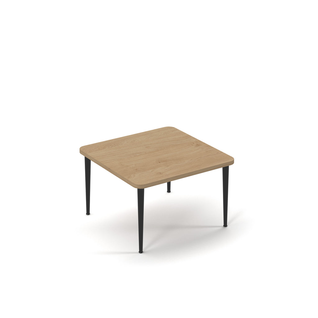 Square table with slim black tapered legs, suitable for office, meeting, or breakout spaces, shown on a white background.