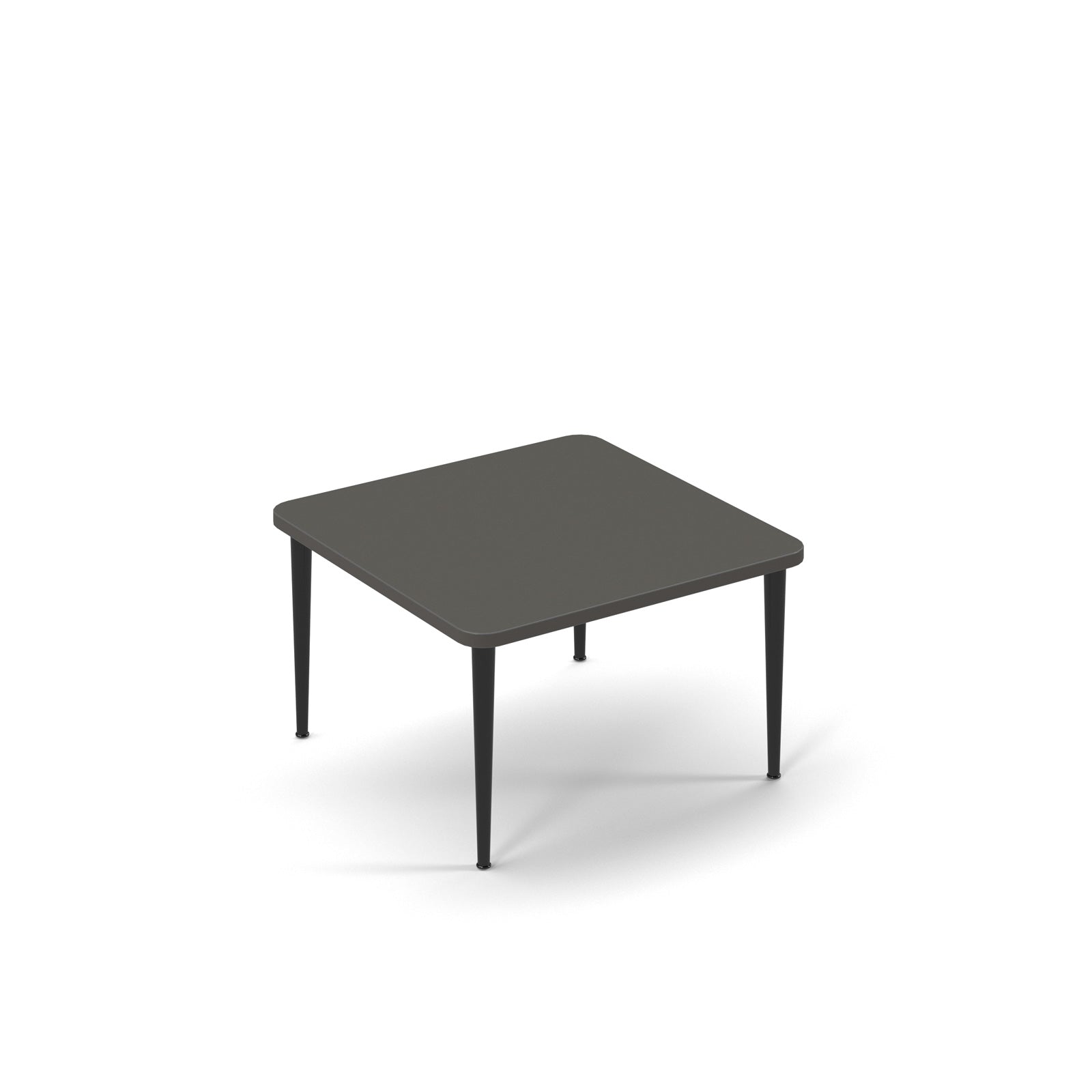 Square grey table with slim black tapered legs, suitable for office, meeting, or breakout spaces, shown on a white background.