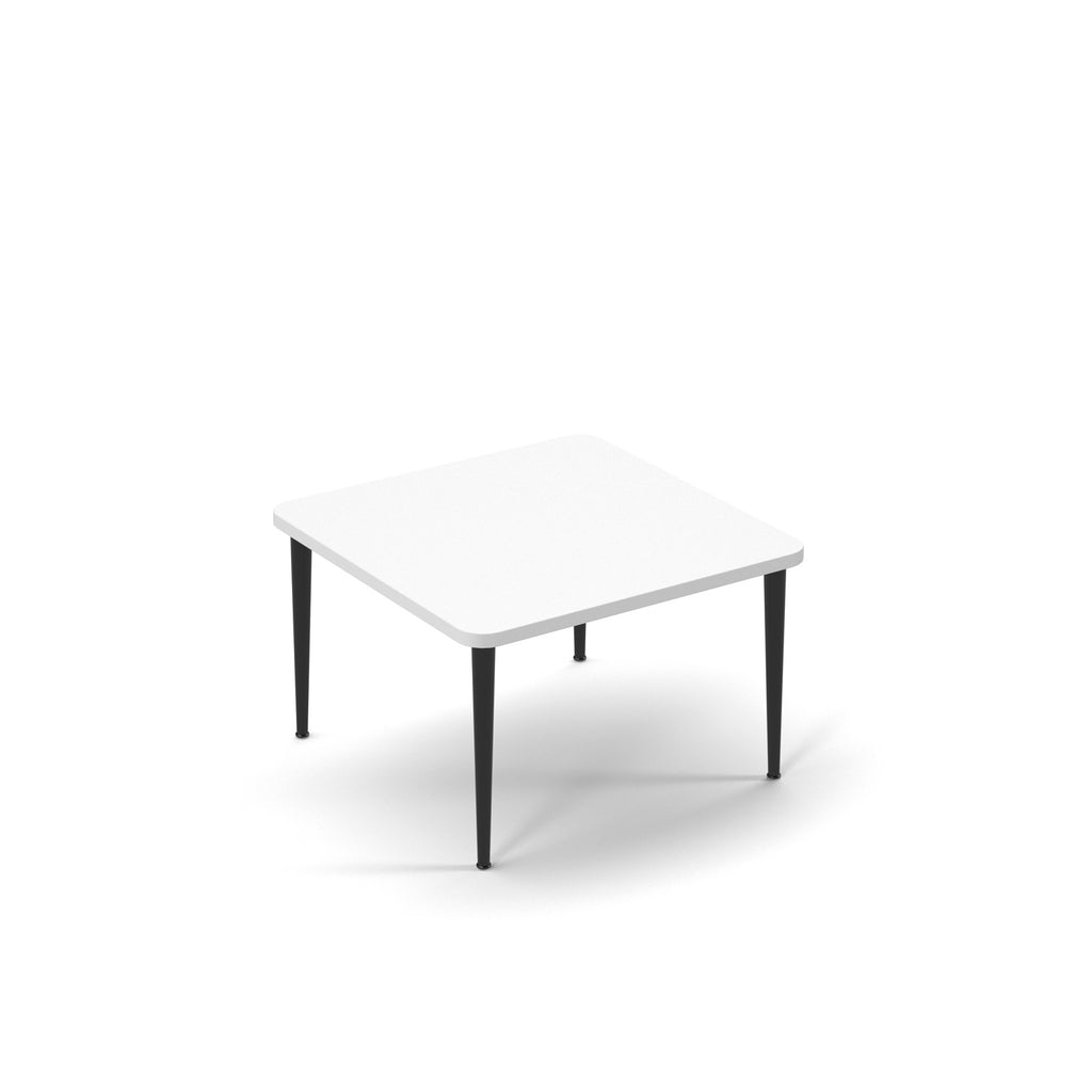 Square white table with slim black tapered legs, suitable for office, meeting, or breakout spaces, shown on a white background.