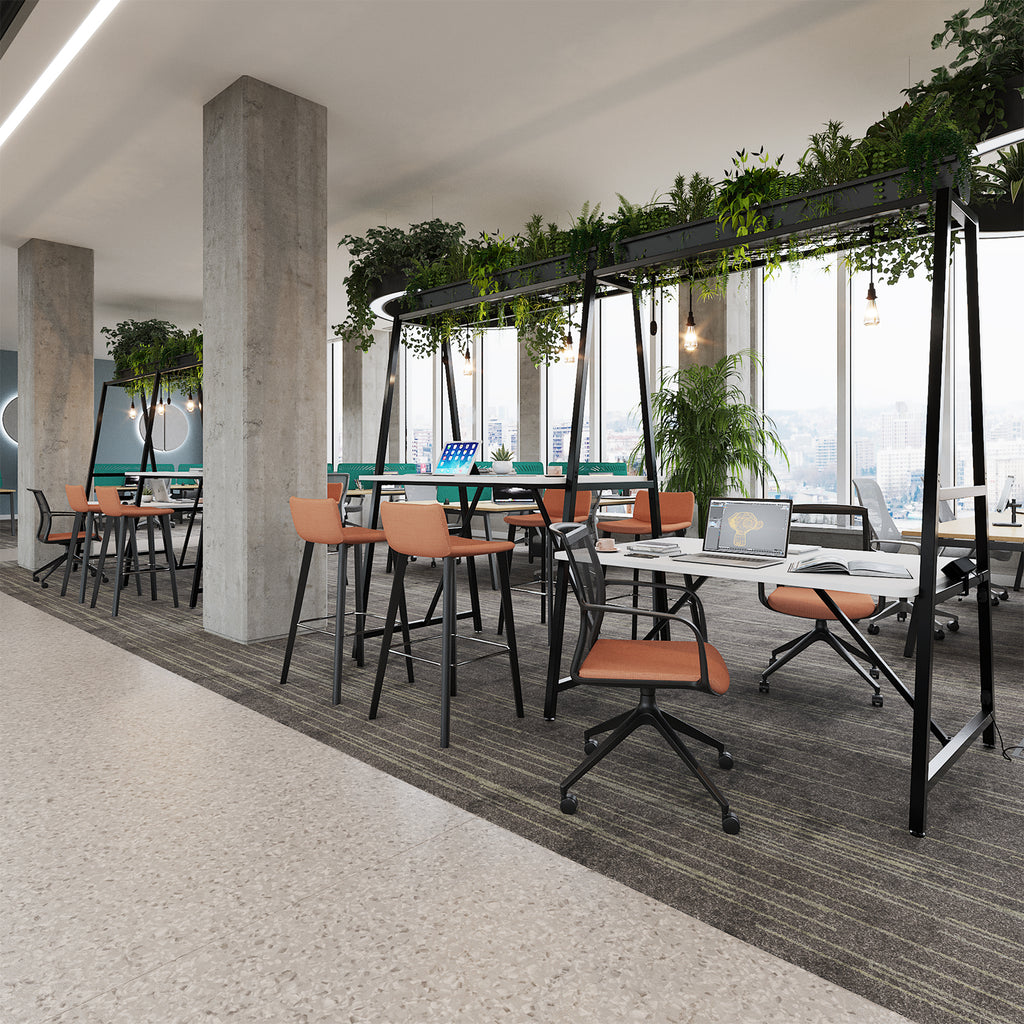 Modern office space with tables, chairs, and plants in a cityscape setting