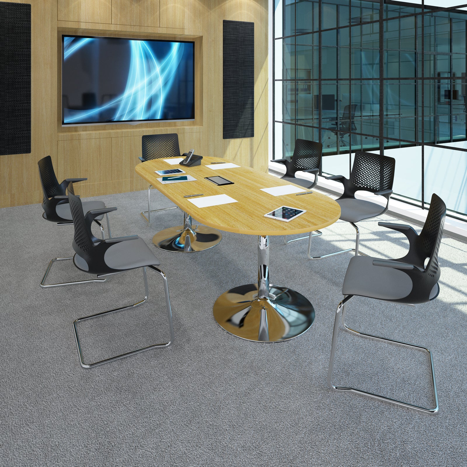Modern conference room with an oval table paired with cantilever meeting chairs, featuring a large screen on the wall.