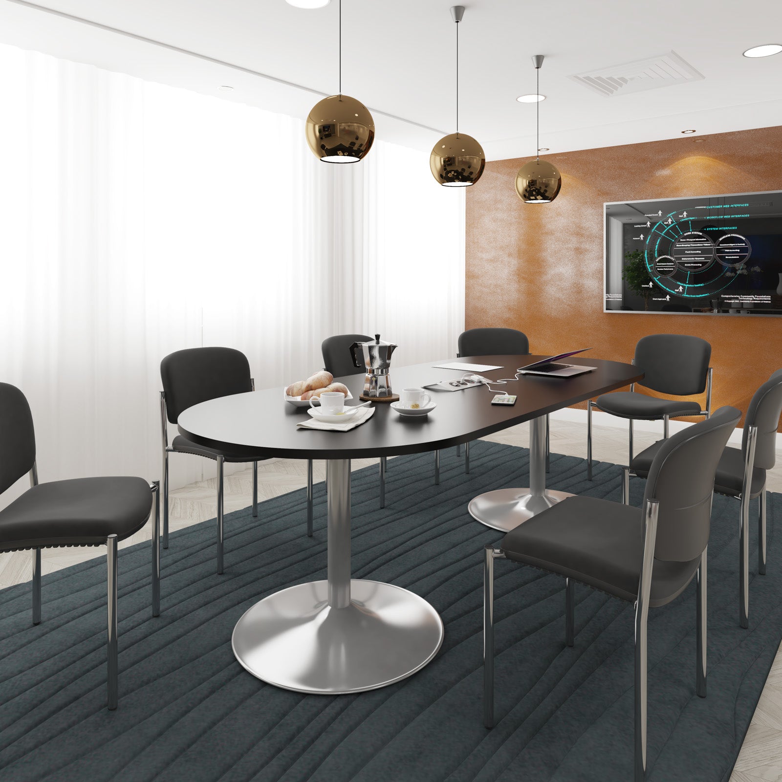 Modern conference room with oval table paired with meeting chairs, featuring a screen on the wall.