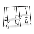 Modern double workable with accessories, black metal frame and white top on a white background 