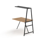 Desk add-on unit with black metal frame and wood-effect top on a white background