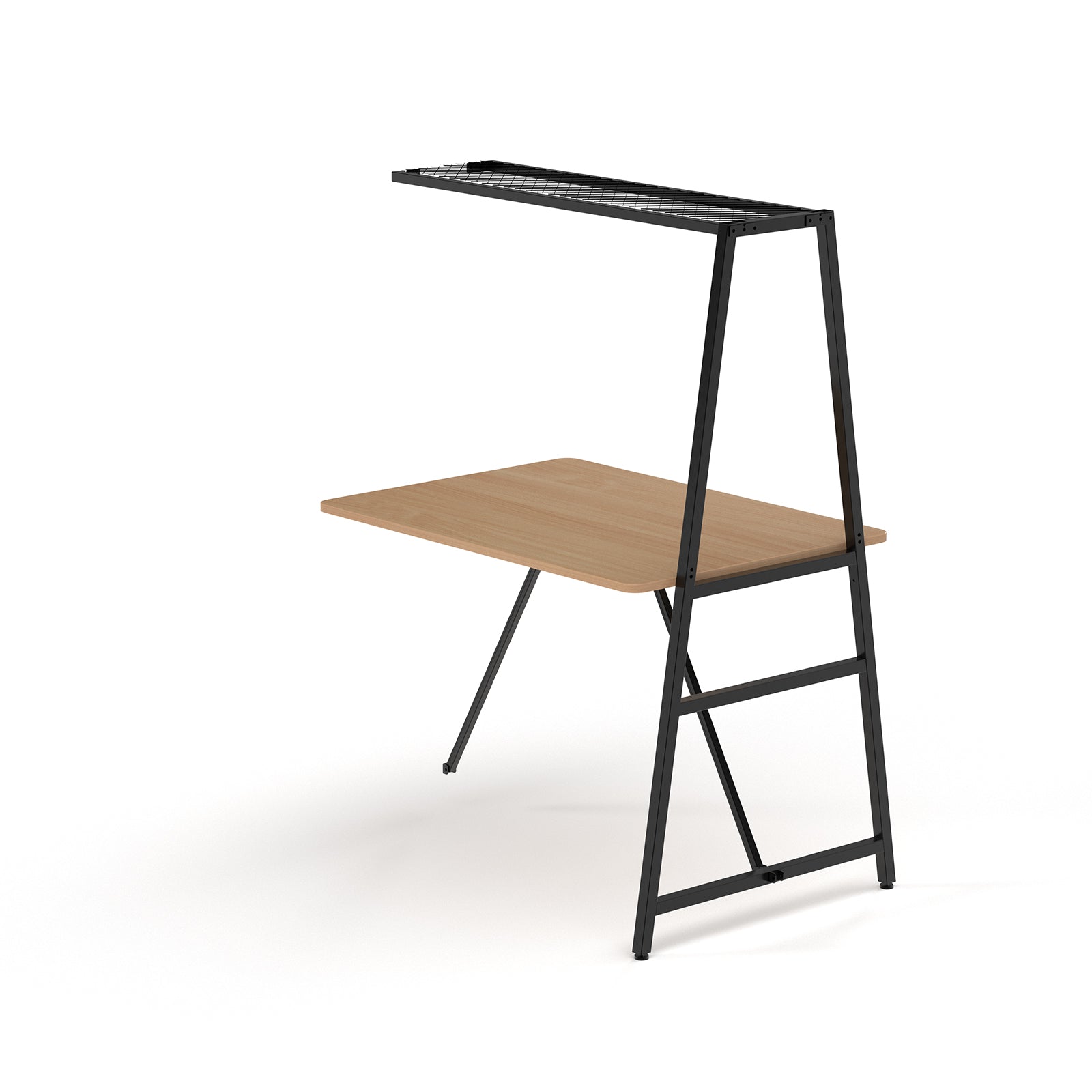Desk add-on unit with black metal frame and wood-effect top on a white background