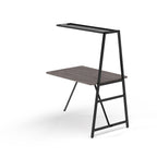 Desk add-on unit with black metal frame and grey wood-effect top on a white background