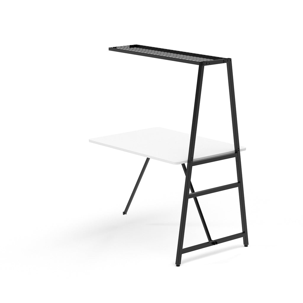 Desk add-on unit with black metal frame and white top on a white background