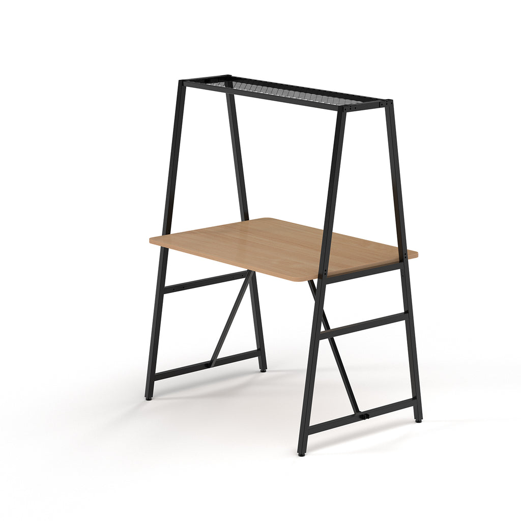Worktable with black metal frame and wood-effect top on a white background
