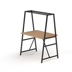 Worktable with black metal frame and wood-effect top on a white background