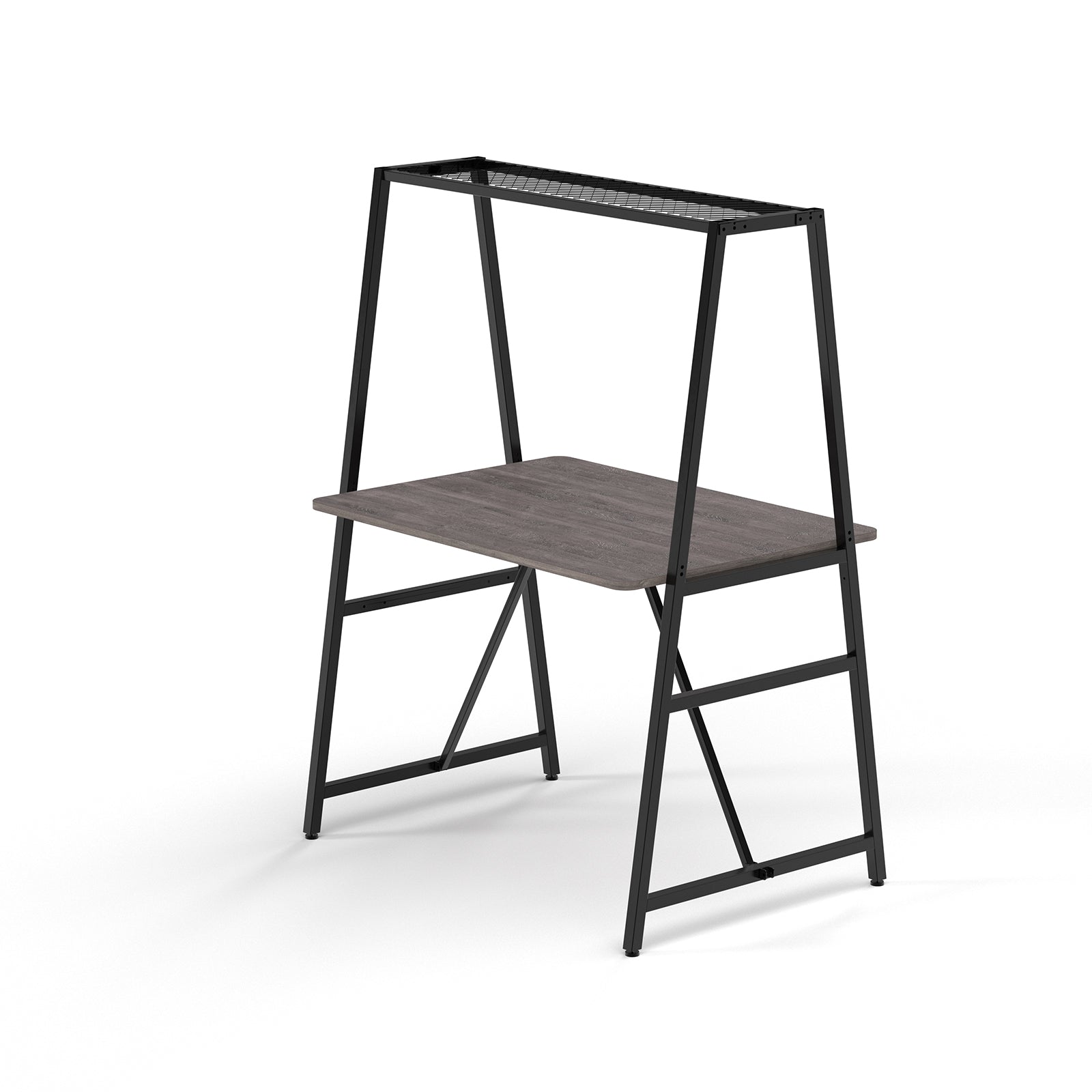 Worktable with black metal frame and grey wood-effect top on a white background